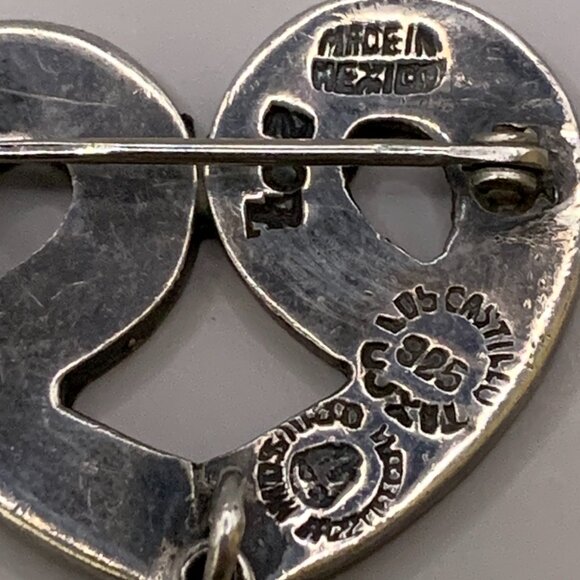 TAXCO Los Castillo Mexico Eagle 15 Heart Azteca 207 Brooch Malachite Chrysocolla - Picture 9 of 12